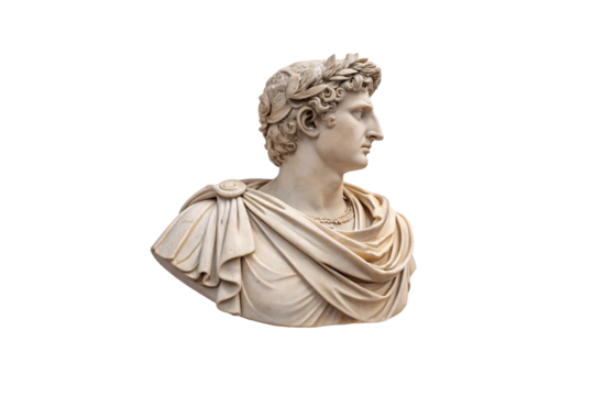 A classical marble bust of a Roman figure draped in a flowing toga. The intricately sculpted curls and laurel wreath exude an air of authority and nobility, isolated on a transparent background