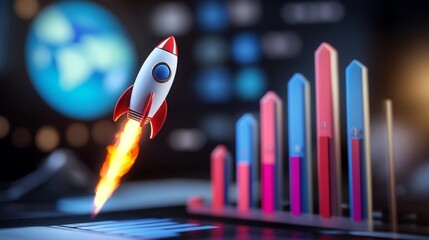Rocket launches indicating business growth with colorful charts in the background