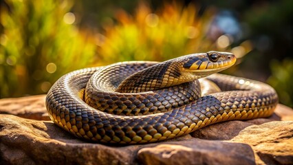 Fototapeta premium Beautiful Snake Coiled on Rock in Natural Outdoor Setting