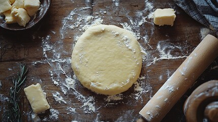 Flour-dusted dough and a rolling pin on a rustic table, creating a cozy baking atmosphere with generous copy space for recipe or culinary designs.