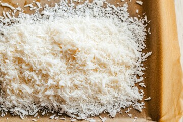 Pile of grated parmesan cheese on parchment paper, for cooking ingredient use