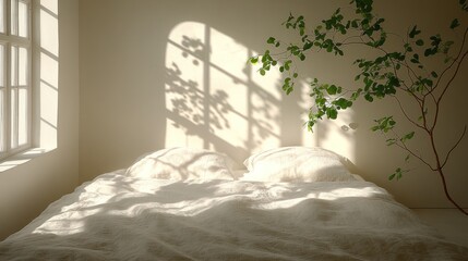 Sunny bedroom interior with plant shadows on bed