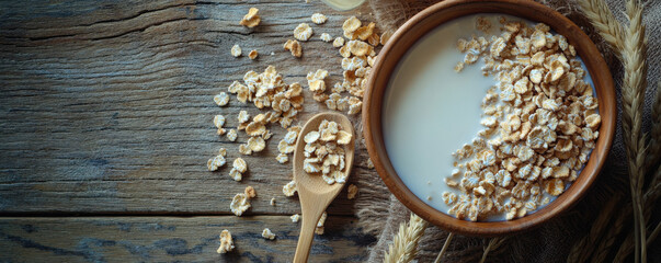 wooden bowl filled with oats and milk, surrounded by scattered oats and wooden spoon, evokes rustic breakfast scene