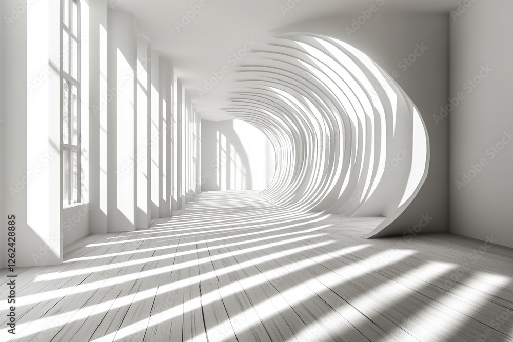 Poster sunlight streams through modern white architecture with arched windows, creating stunning light and 