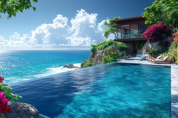 Fototapeta premium Luxurious Cliffside Infinity Pool with Ocean View Villa