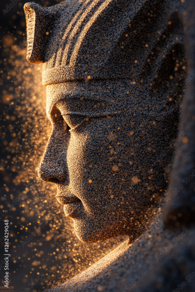 Poster a portrait-style capture of the pharaohâ€™s face, the mask gleaming in the last rays of sun, subtle