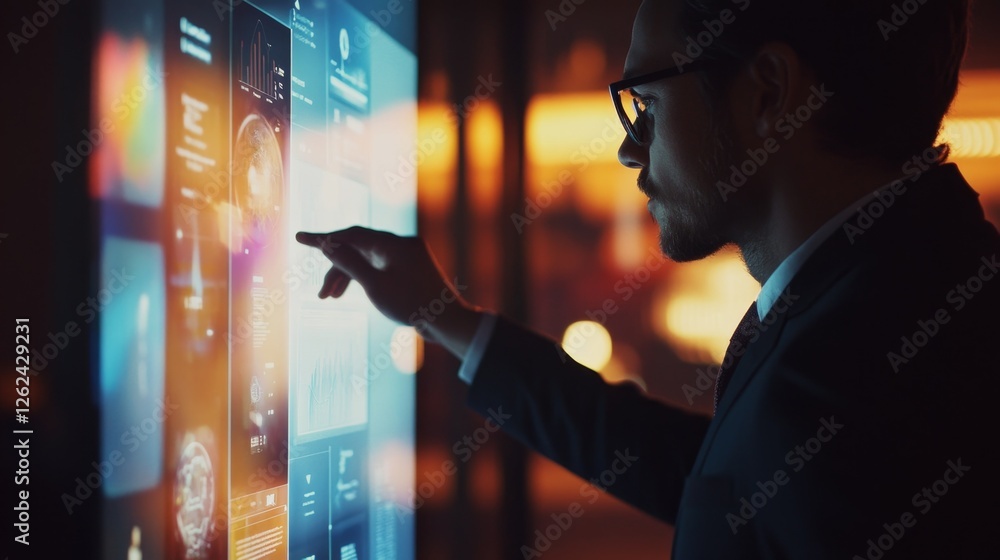 Poster businessman interacting with touchscreen display in modern environment