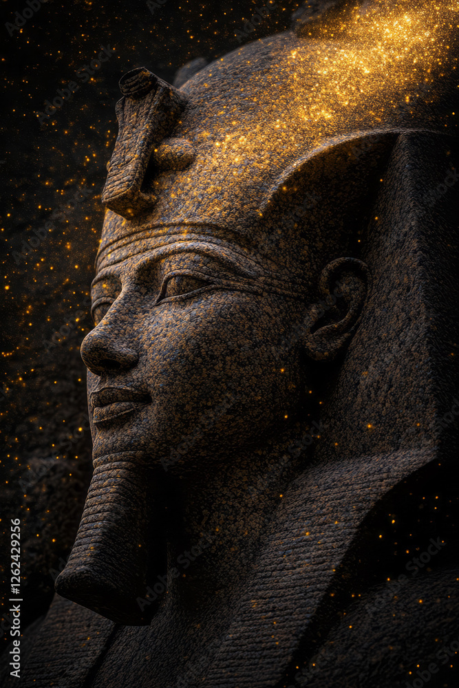 Poster a portrait-style capture of the pharaohâ€™s face, the mask gleaming in the last rays of sun, subtle