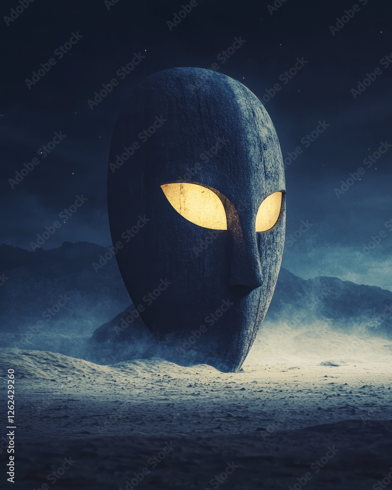 Poster a mysterious nighttime view of the mask illuminated by moonlight, faint desert winds rustling the