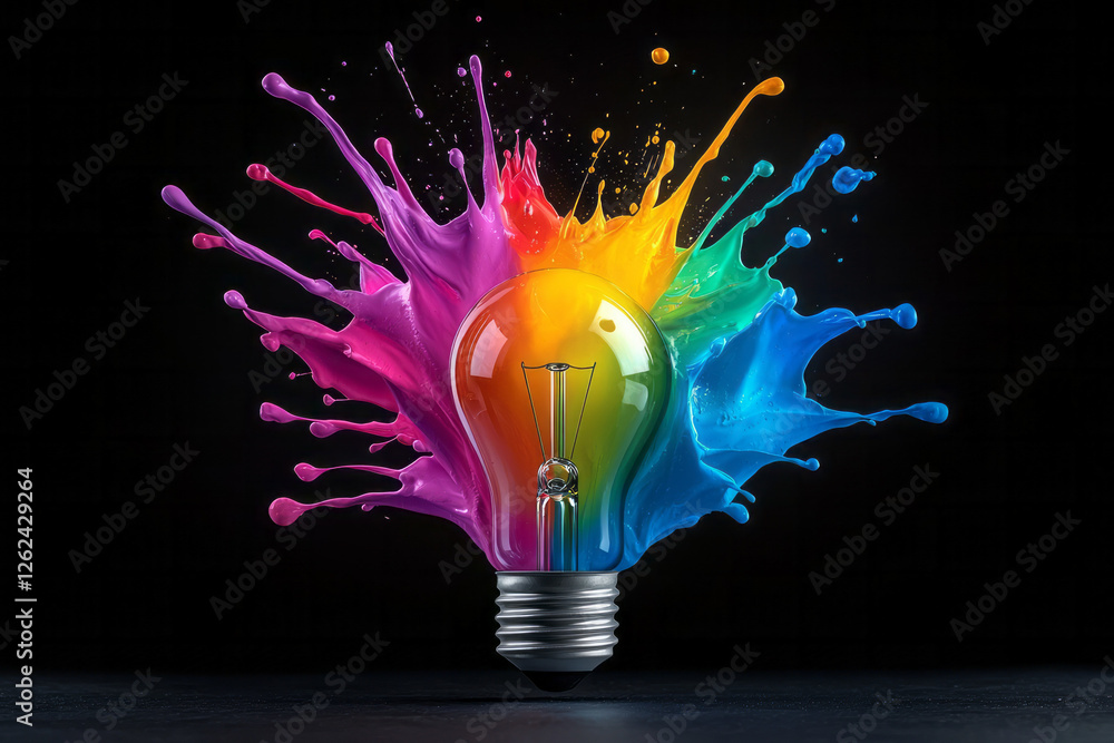 Aufkleber a glowing light bulb erupting in a splash of vivid paint droplets, each color bursting out like a