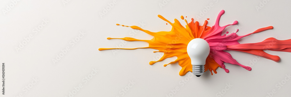 Poster a minimal composition featuring a light bulb radiating white light, while swirling splashes of bold
