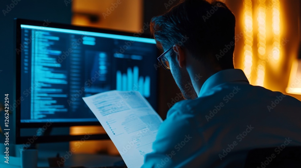 Poster businessperson reviewing printed report while working at computer