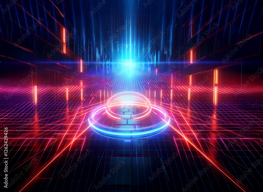 Poster futuristic neon scene with glowing lines and circles creates a double exposure effect. digital and v