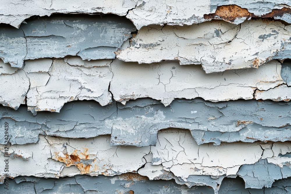 Poster a captivating close-up of weathered wooden siding with peeling paint, revealing textures and pattern