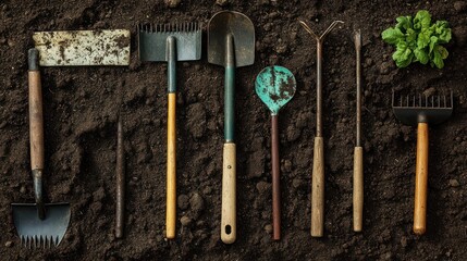 Gardening Tools on Soil Background: A Collection of Essential Equipment for Cultivating Plants and Maintaining a Healthy Garden.