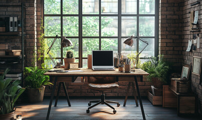 Fototapeta premium Trendy designer office with glass windows offering scenic views, combining style and productivity in a workspace