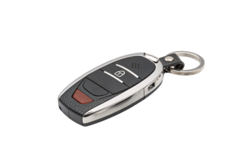 A luxurious black key fob with chrome edges, three buttons with silver accents, and a triangular red button for emergency functions, isolated on a transparent background