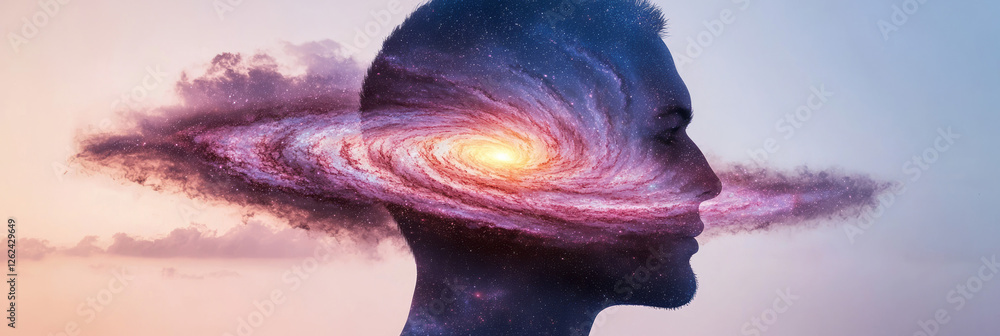 Poster A surreal composition where the upper half of a personâ€™s head transforms into a spiraling galaxy,
