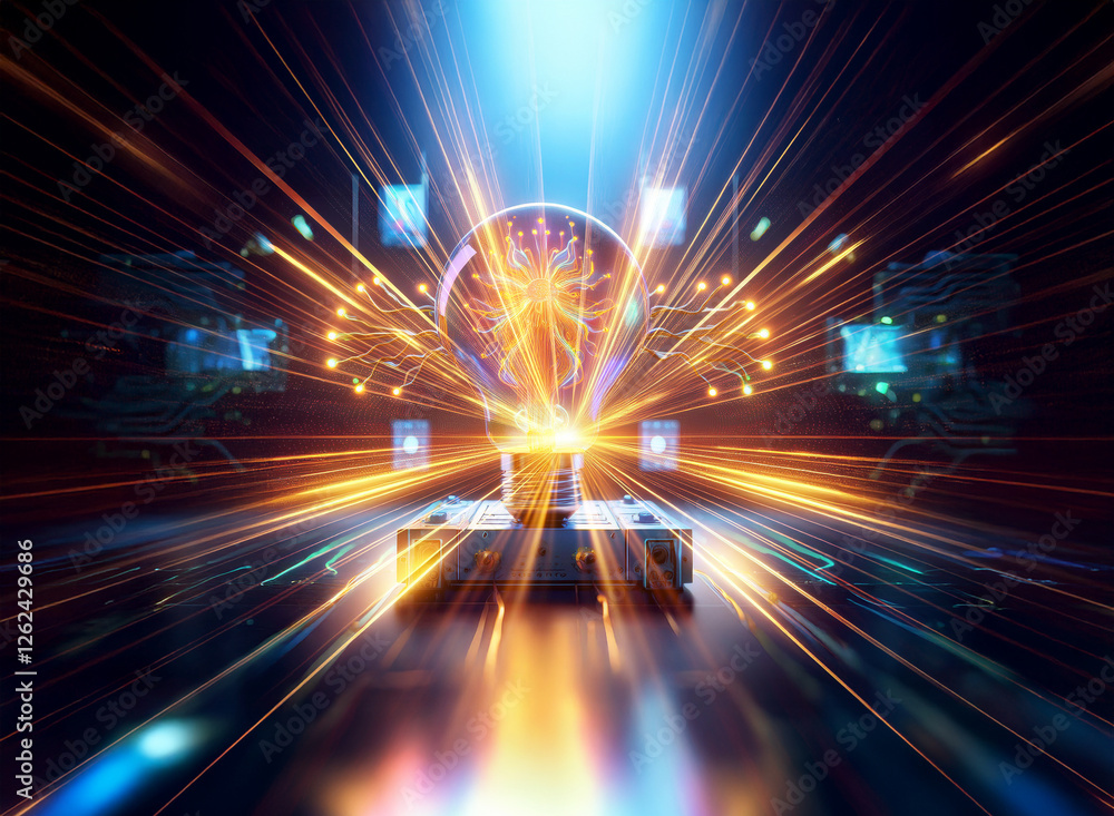 Poster abstract image showcasing a double exposure effect with a glowing, brain-like sphere radiating brigh