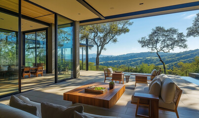 Fototapeta premium Open-air patio with sweeping views through large glass windows for ultimate outdoor living experience.