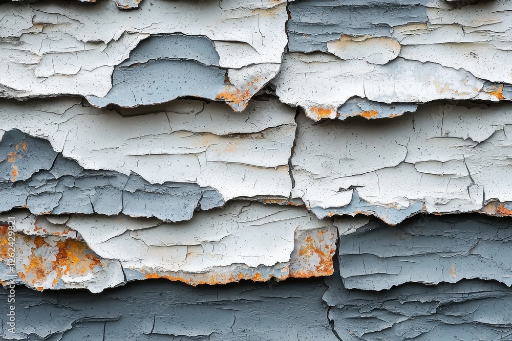 Poster detailed close-up of weathered wooden siding with peeling white and gray paint and exposed rust, cre