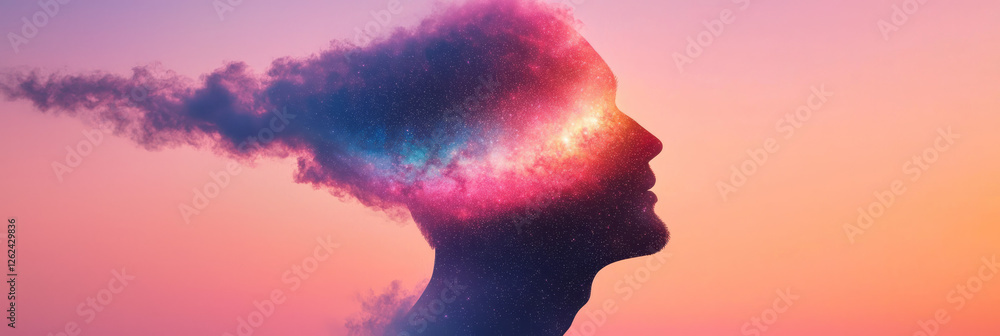 Poster a vibrant piece where a manâ€™s profile appears to dissolve into a celestial vortex, luminous star