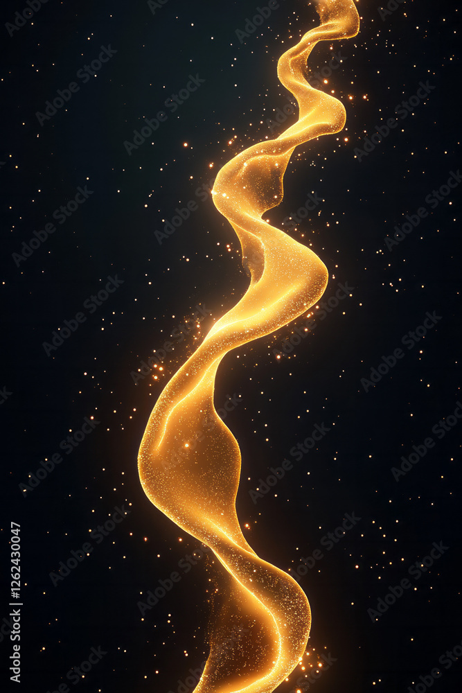 Poster a close-up view of a golden dna strand wrapped in a faint, ethereal light, with tiny specks