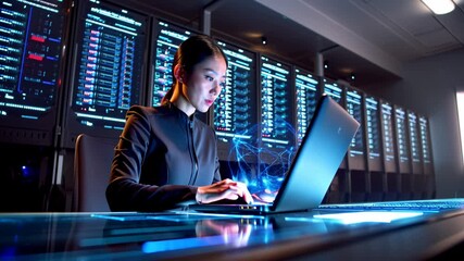 Asian woman working with laptop in data server center - Engineer, IT and technology concept - Model by AI generative - Powered by Adobe