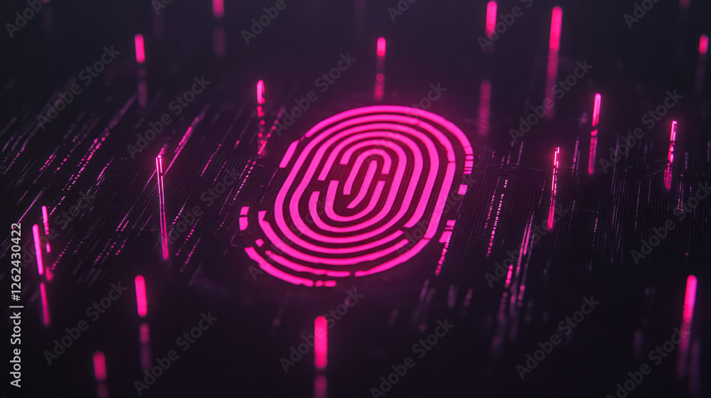 Poster a bold digital fingerprint outlined in neon lines against a dark matrix backdrop, flanked by