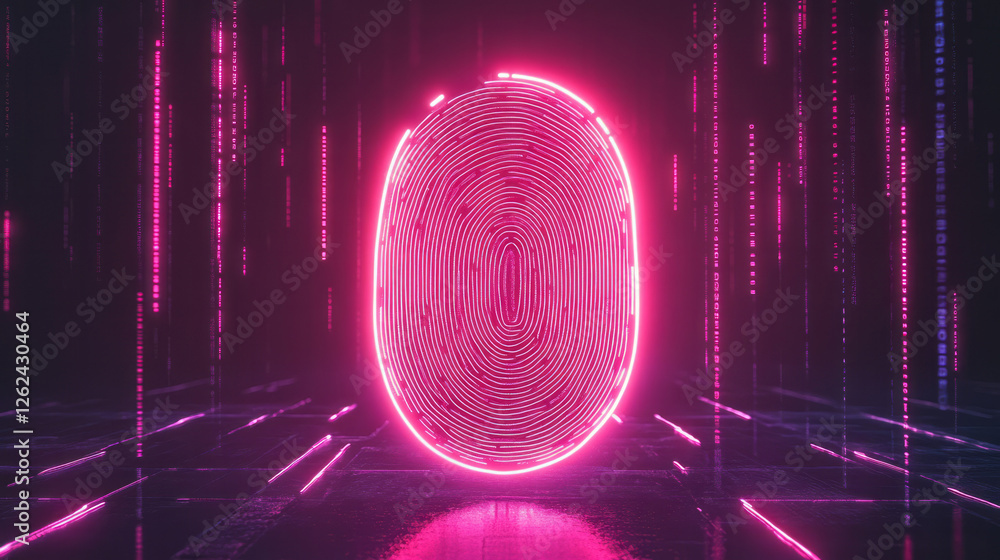 Aufkleber a bold digital fingerprint outlined in neon lines against a dark matrix backdrop, flanked by