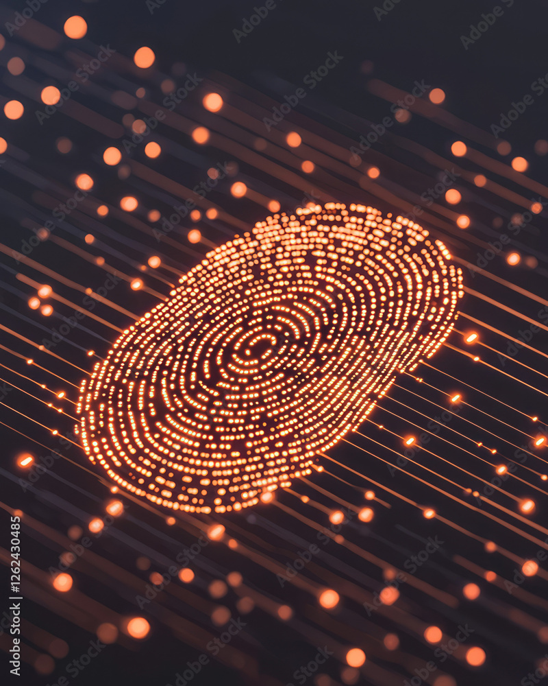 Leinwandbilder An illuminated fingerprint pattern appearing to hover atop a grid of binary code, with glowing data