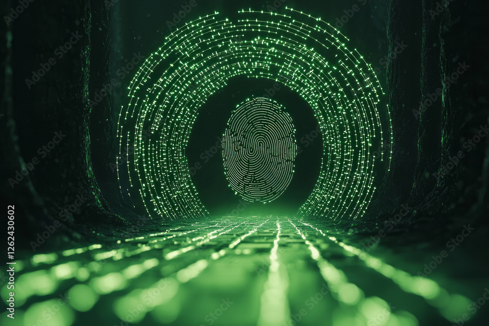Fototapete a crisply defined fingerprint projected in luminescent lines, a swirling circuit board pattern