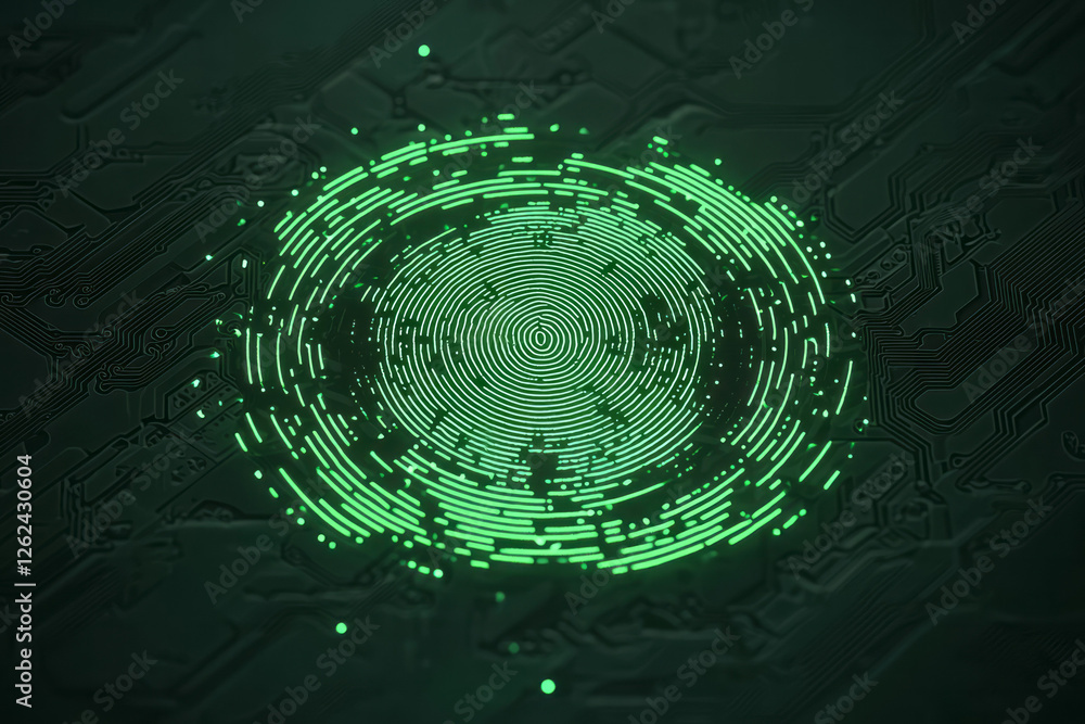Fototapete a crisply defined fingerprint projected in luminescent lines, a swirling circuit board pattern