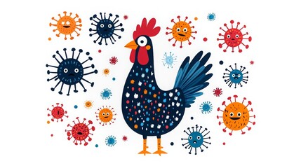 Cartoon chicken confidently battling colorful germs with a humorous twist in a playful setting