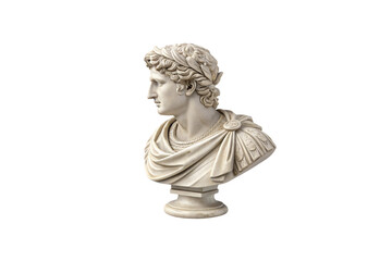 Obraz premium A Roman bust with a distinct profile, featuring a laurel crown and finely detailed sculpted drapery, isolated on a transparent background
