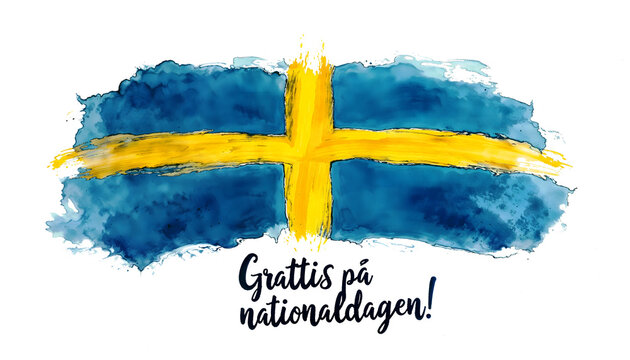 Swedish flag in watercolor with "Grattis på nationaldagen!"