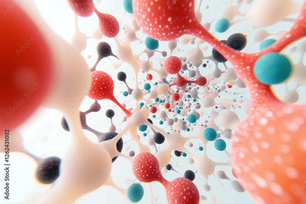 Aufkleber an abstract composition where shimmering particles glide between translucent molecular links,