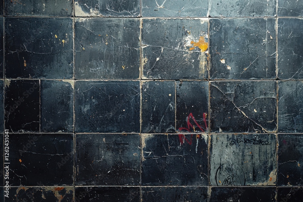 Poster dark tiles with scratches and worn surfaces create an aged, textured background, adding character an