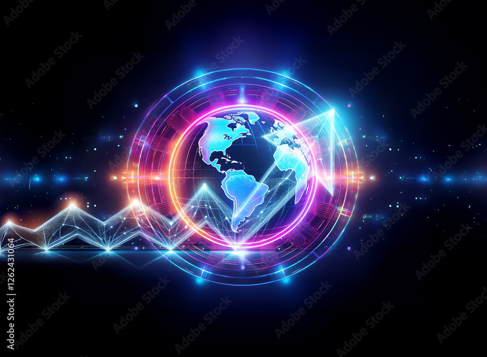 Aufkleber double exposure image: a glowing globe and an upward arrow are layered with futuristic circles and l