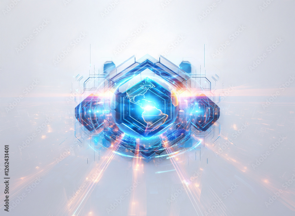 Aufkleber abstract double exposure image of a hexagonal form with vibrant blue and orange light rays emanating