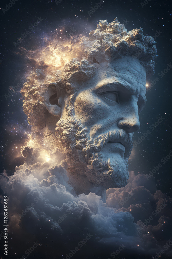 Poster a grand ancient sculpture illuminated by subtle moonlight, set against a cosmic backdrop of