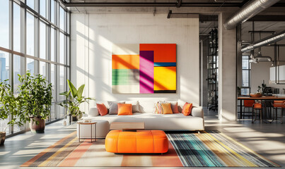 Modern creative space with large windows and colorful accents, perfect for inspiring productivity and creativity