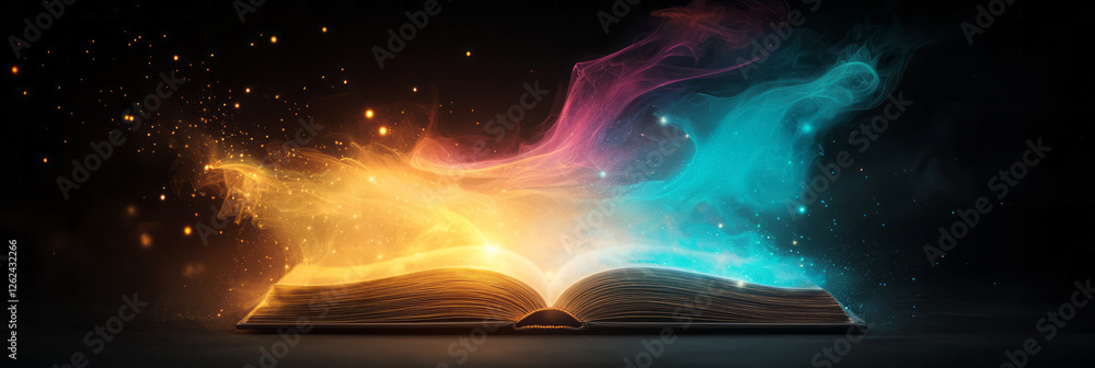 Poster a quiet reading nook illuminated by an ancient bookâ€™s aura, fine sparks drifting upward as though