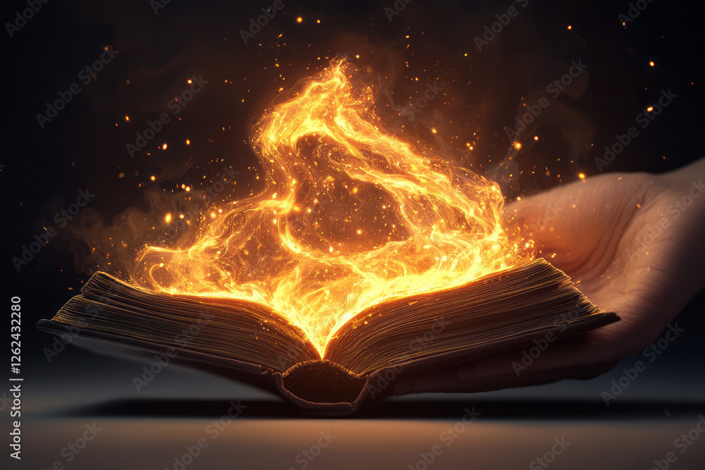 Poster a painterly scene of a spellbound book, luminous markings lifting off the page in arcs of soft