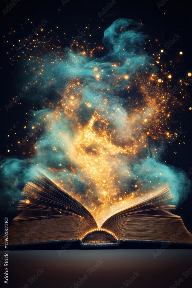 Leinwandbilder a magical swirl of golden particles emanating from a heavy tomeâ€™s center fold, each spark casting