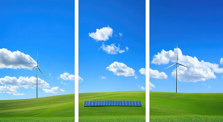 Fototapeta premium Green Energy Sources on a Sunny Day Wind Turbines Solar Panels and Lush Green Fields
