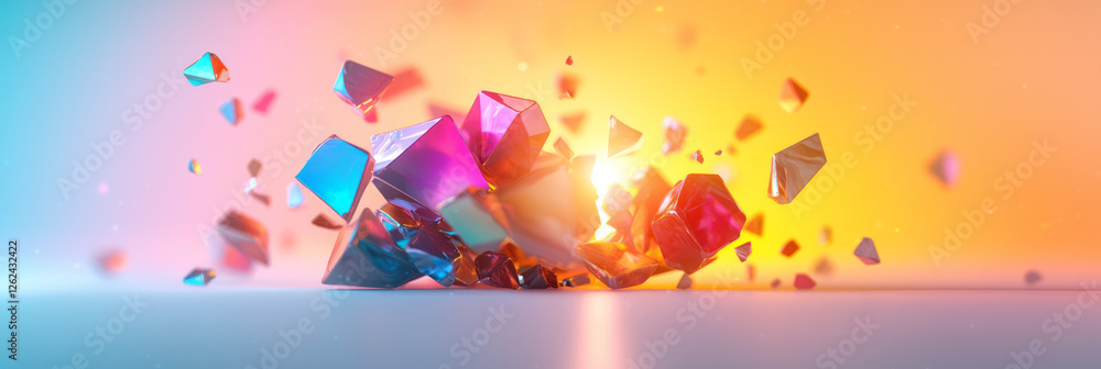 Poster a mix of abstract polygons converging at the center of a bright light filament, each piece