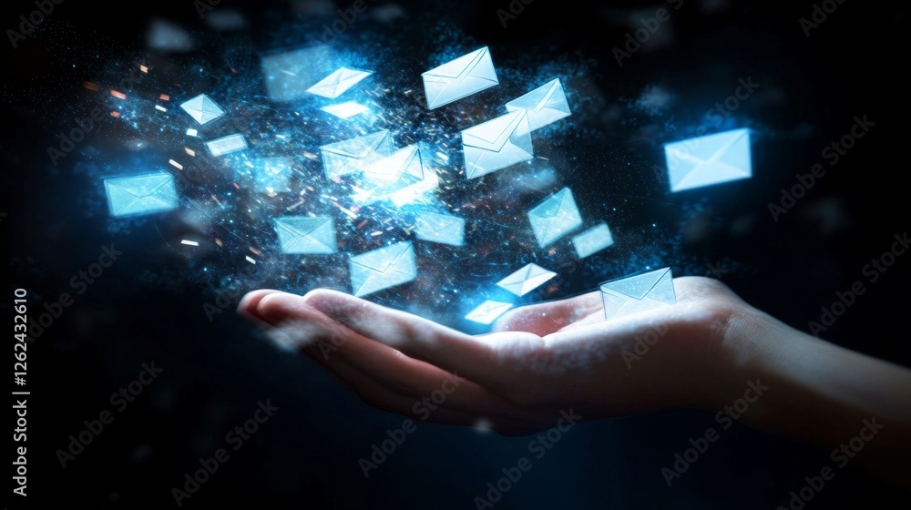 Poster hand releasing floating emails in a digital space of communication