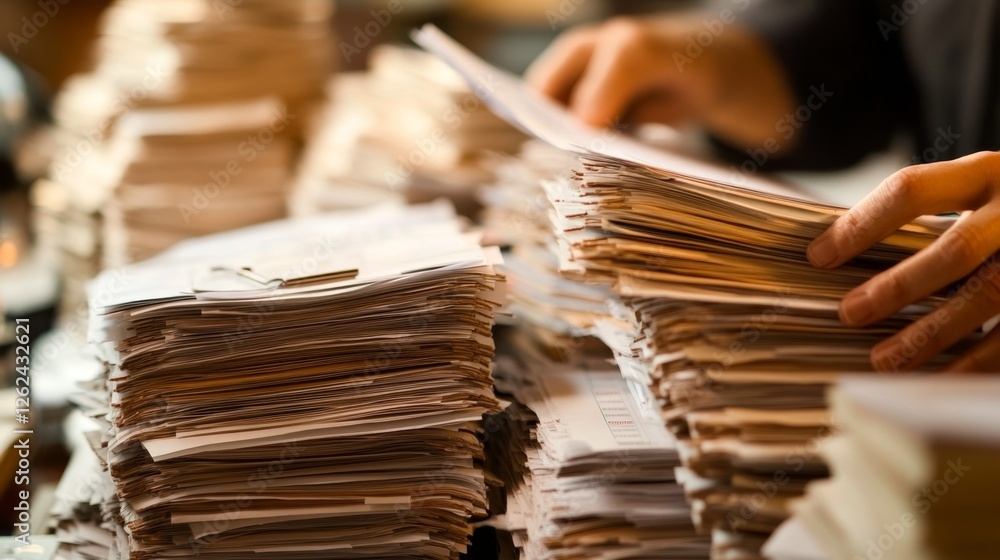 Poster person sorting through paperwork with graphs on a desk surface