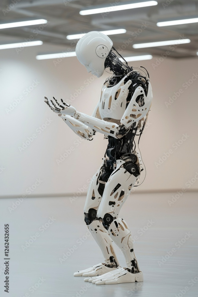 Poster ai robot stands in an art gallery, examining its open hands. future tech use